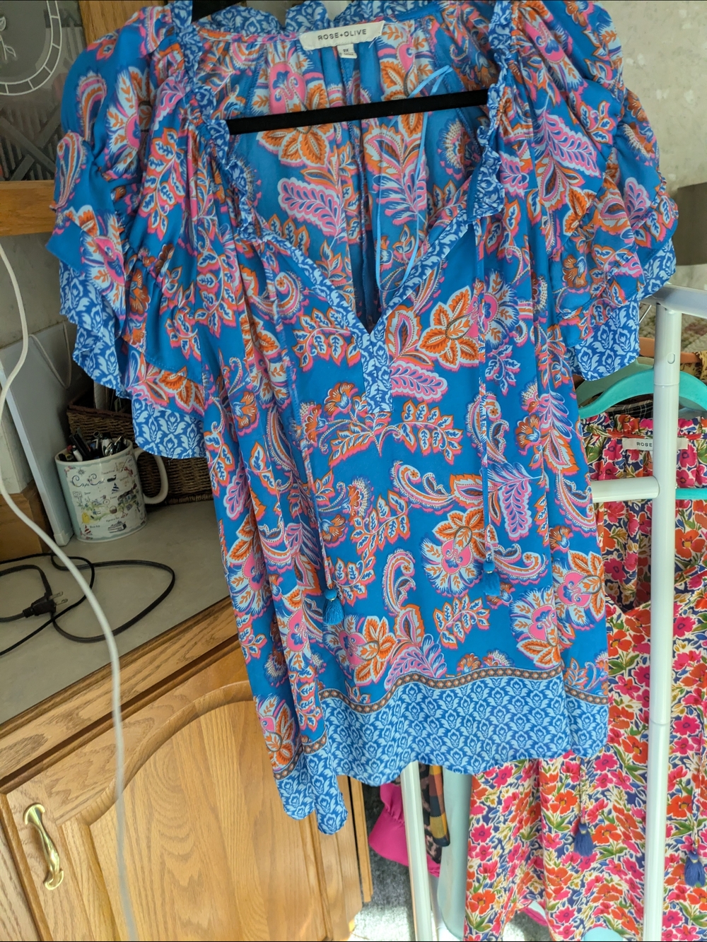Rose & Olive Teal Blue Paisley Ruffle-Sleeve Blouse